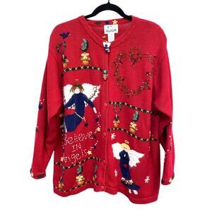 VTG Quacker Factory Believe in Angels Cardigan 1X plus Red Christmas Sweater